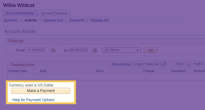 yellow make a payment button from the account activity page in KSIS