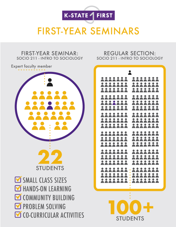 Side by side comparison of SOCIO 211 FYS class verus regular course with 22 instead of 100 plus students. Includes list of unique features like hands on learning, co-curricular events, community building, and problem solving.