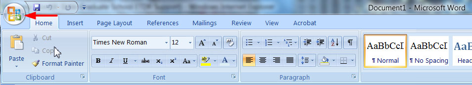 Image showing how in Word 2007 there is a round button in upper left corner