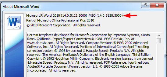 Image showing where you can find the version of Word you're using under About Microsoft Office Word