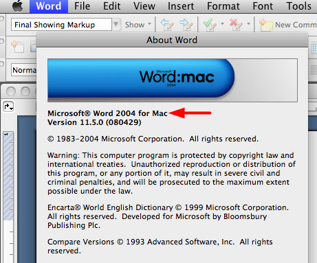 Image showing where you can find the version of Word you're using under About Word