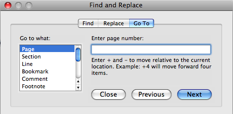 Image of the Find and Replace dialog box with the Go To tab selected