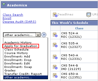 Other Academic... Picture of the Other Academic... drop list with Apply for Graduation marked.