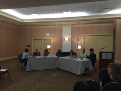 Panel in honor of María Lugones's work. From left to right: María Lugones, Sarah Hoagland, Mariana Ortega, Shireen Roshanravan, Ofelia Schutte (chair), Michael Hames-García, Pedro Di Pietro