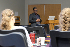 Ramesh Kumar, dean of the Rajiv Institute of Veterinary Education and Research, shares information about his college with K-State veterinary students in the Mara Conference Center in Trotter Hall. 
