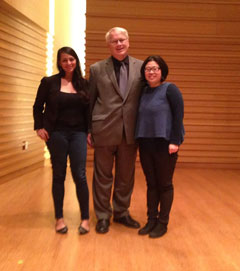 Composer Reena Esmail, trumpeter Craig B. Parker, and pianist Ko Eun Lee following a performance of Esmail's "Jhula Jhule"