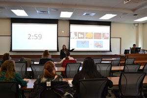 Gabriela Magossi one of the finalists explains her research in the heats on Tuesday, Feb. 13.