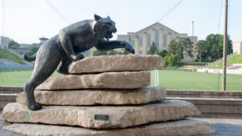 Seven-foot bronze Wildcat statue overlooking the K-State Alumni Center's Johnson Terrace.
