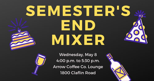 An infographic detailing the Kansas Science Communication Initiative's Semester's End Mixer, to be held on May 8 from 4:00-5:30 p.m. at Arrow Coffee Company.