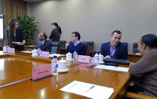 K-State professors at the opening session of Jilin's summer teaching program — from left to right, Bimal Paul, Pablo Martinez Diente, Chance Lee and Nancy Muturi. Photo by John Harrington. 