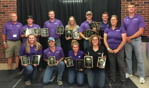 2019 K-State Weed Science Teams. Front row, l to r: Megan Workman, Isaac Effertz, Tyler Meyeres, Lindsey Gastler, & Dr. Anita Dille. Back row: Dr. Dallas Peterson, Jessica Schauf, Hayden Heigele, Malynda O’Day, Dakota Came, Ednaldo Borgato, & Luke