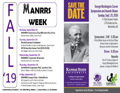 This image contains the flyer for both the 2019 MANRRS Week and the George Washington Carver Sympsium and Awards Dinner