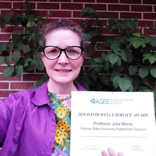 Julia Morse, associate professor in mechanical engineering technology at K-State Polytechnic, has been selected for the 2020 David Wells Service Award by ASEE’s Manufacturing Division.