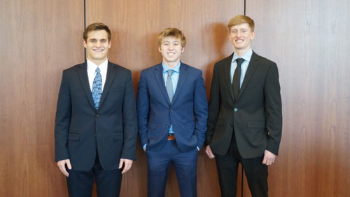 Hunter Hartner, senior at Republic County High School, placed first, Cameron Ferencz, senior at Shawnee Mission Northwest, placed second and Tray Zabokrtsky, senior at Washington County High School, placed third at the competition.