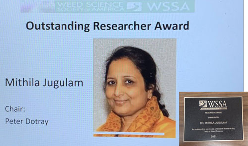 Mithila Jugulam, Department of Agronomy, received the WSSA Outstanding Research Award in a virtual awards ceremony.