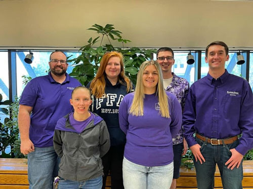 2021 K-State Soils Judging Team (l to r): Coach Colby Moorberg, Abigail Kortokrax, Sydney Baughman, Katie Fross, Assistant Coach Jake Ziggafoos, and Jagger Borth. Not pictured: Tom Torres, Colton Vajnar, Jacoby Kerr, Isaiah Euler, and Coach DeAnn Presley.