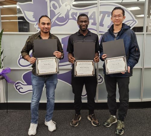 Graduate Student scholarship recipients from the Alan Levin Department of Mechanical Engineering. Pictured, from left: Veeshal Modi, Michael Akinseloyin and Kuan-Lun Ho.