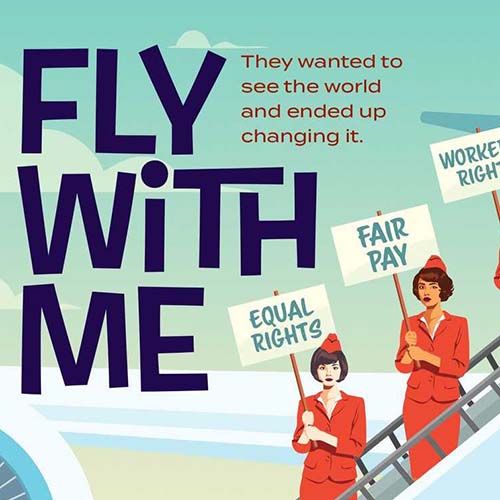 PBS's "Fly with Me" promo image showing animated flight attendants holding picket signs