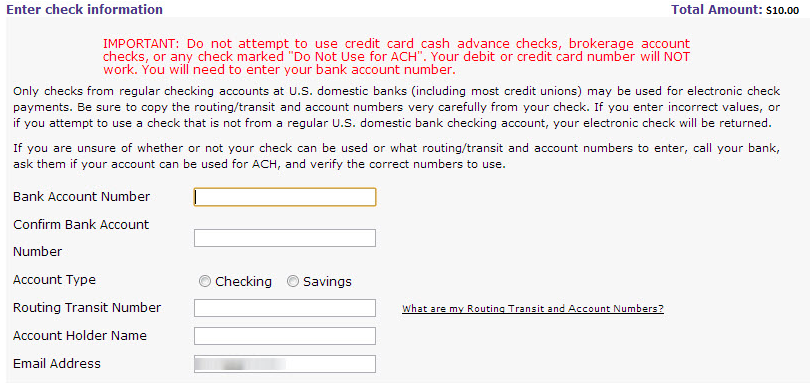 Enter Electronic Check Payment Information
