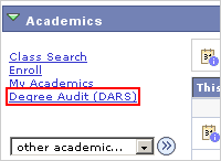 Picture of the Academics list of actions with the Degree Audit (DARS) link highlighted.