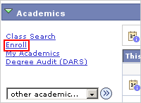 Picture of the Academics list of actions with the Enroll link highlighted.