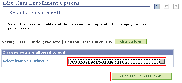 Image of the Edit Class Enrollment Options page