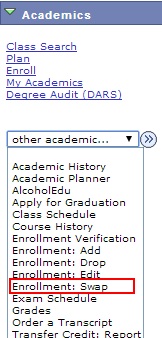 Picture of other academic dropdown with Enrollment Swap highlighted