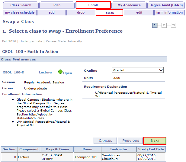 Picture of Enrollment area with Swap tab selected