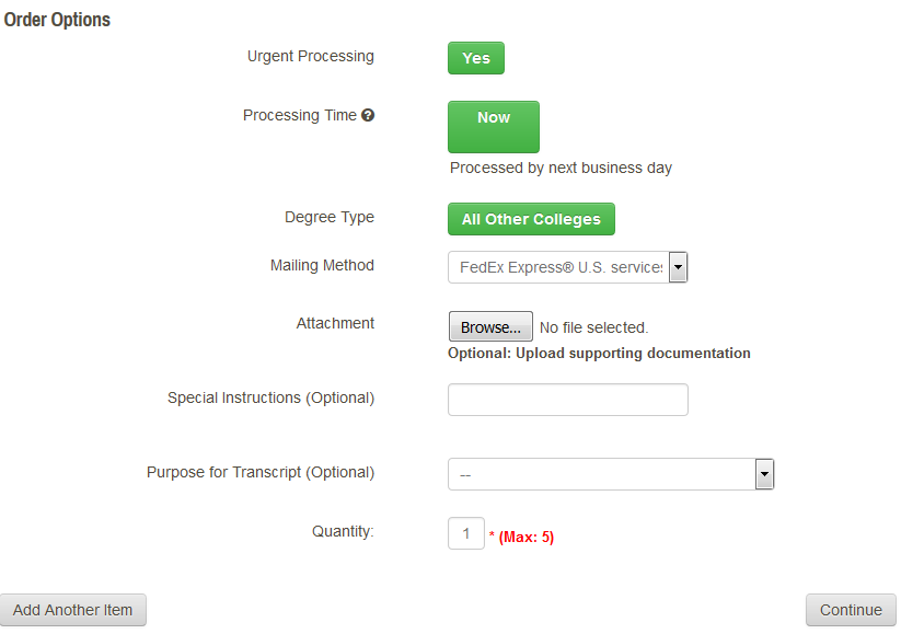 Student page to select FedEx options