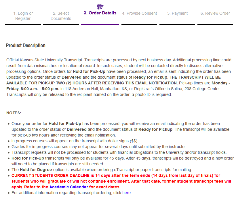 Information page for Urgent Processing Transcript for Pick Up