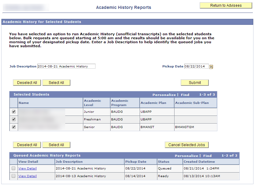 Academic History Report Screen