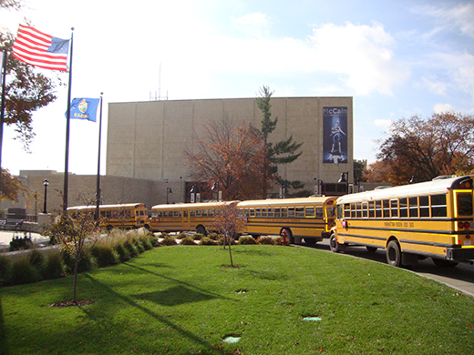 Schoolbuses in front of McCain Auditorium
