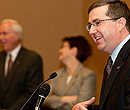 Dr. Kirk Schulz speaks to K-State faculty, staff, students and the Manhattan community at a get-acquainted event Feb. 19 at the Alumni Center.