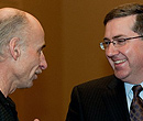Dr. Chris Sorensen, university distinguished professor of physics, visits with Dr. Schulz