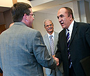 President Schulz greets Yar Ebadi, dean of the College of Business Administration.