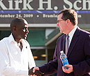 President Schulz meets a student during the pre-inauguration ice cream social in September.