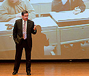 President Schulz makes a presentation about the budget situation at K-State.