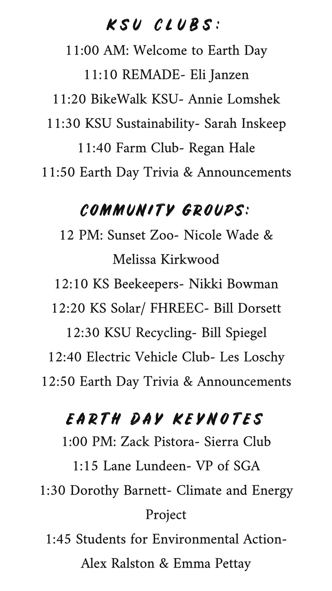 Earth Day Schedule