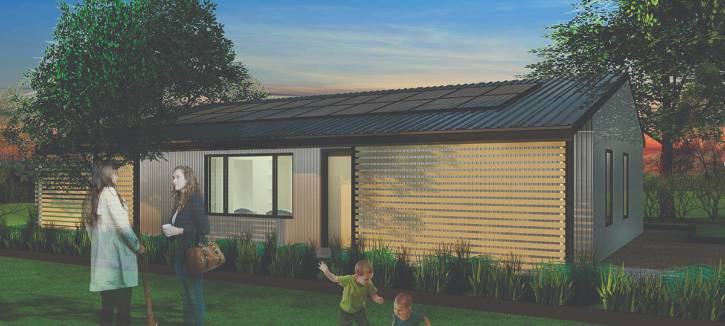 A rendering of the exterior of a Net Positive Studio home.