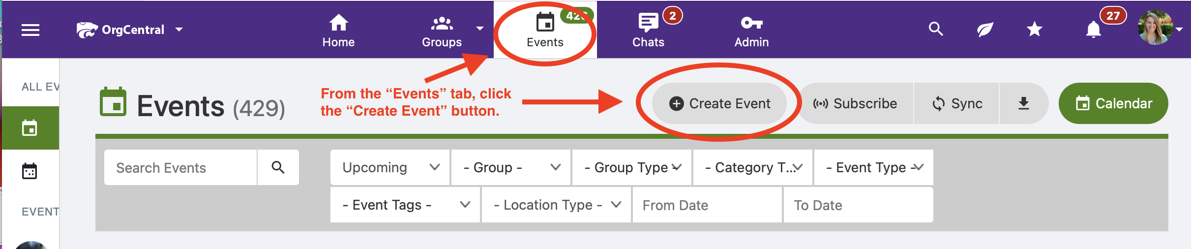 OrgCentral Event Creation Button