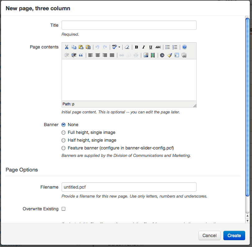 Image showing the options that need to be filled out when creating a new page.