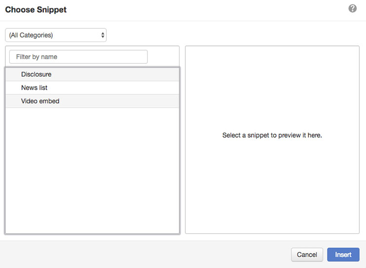 Choose Snippet modal in CMS