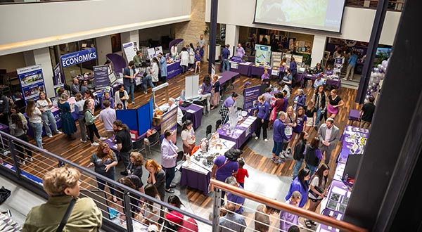 Aerial view of Open House activities and demonstrations in K-State Student Union