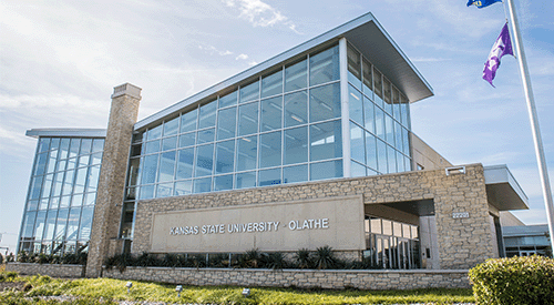 A large building made primarily of glass windows. The building is K-State's Olathe campus.