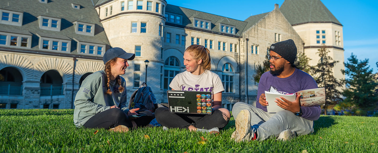 Three students studying chemistry on the lawn in front of Hale Library