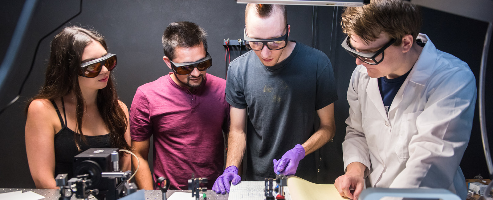 Physics students studying on campus