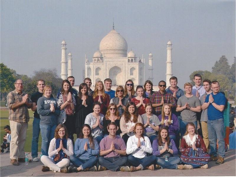 Agriculture students pose in front of the Taj Mahal during a faculty-led trip to India.