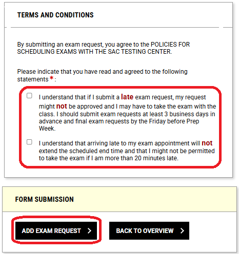 Terms and conditions box, add exam request button