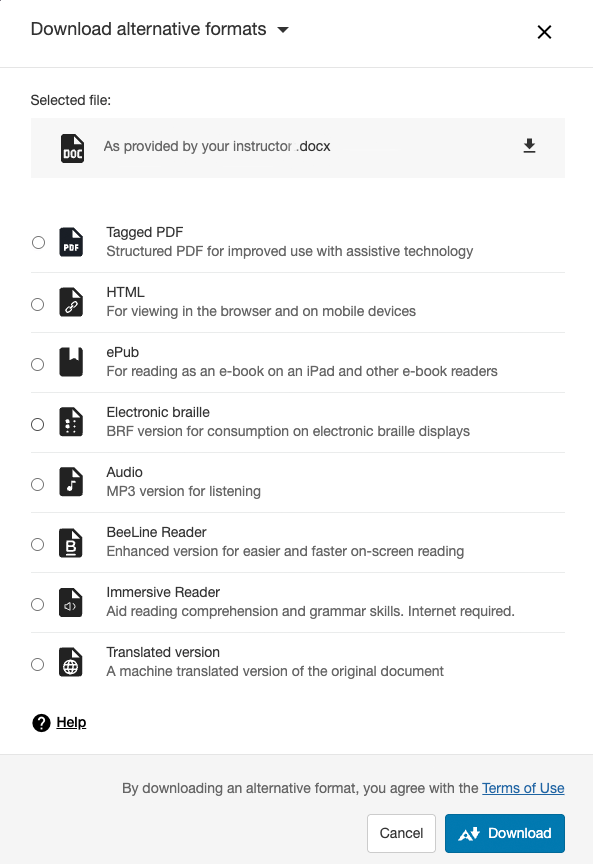 A dropdown menu displaying alternative format options for a document, including Tagged PDF, HTML, ePub, Electronic Braille, Audio, and more.