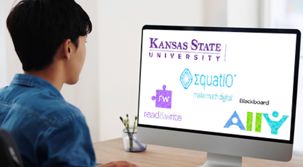 a computer with the logos of Read and Write, Ally, and Equatio on it.